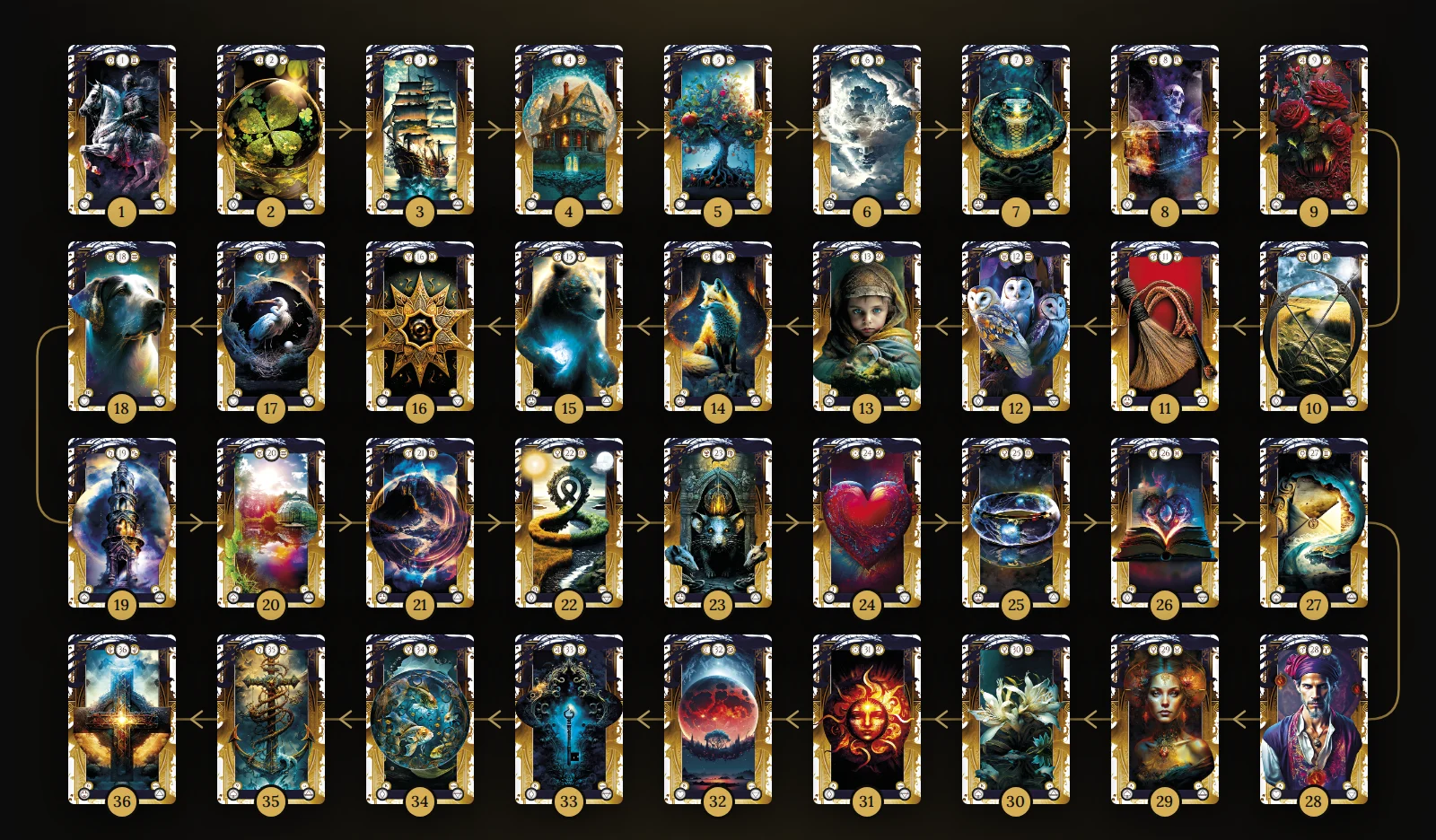 As 36 cartas do Baralho Cigano em sequência, do Cavaleiro à Cruz, ligadas por um caminho dourado