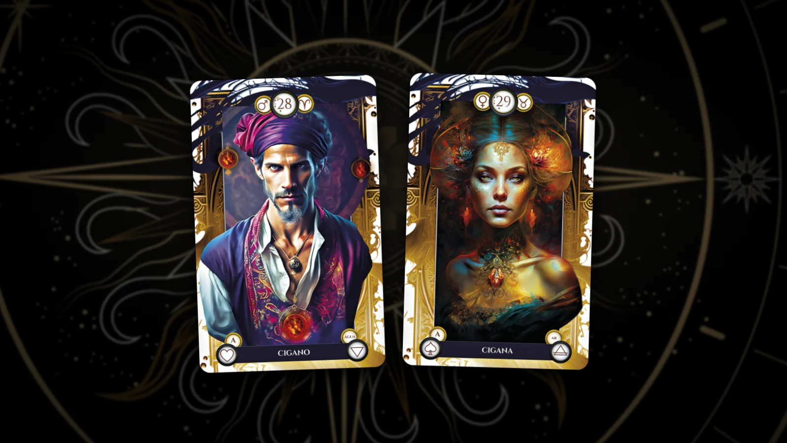 As cartas Cigano (28) e Cigana (29) lado a lado