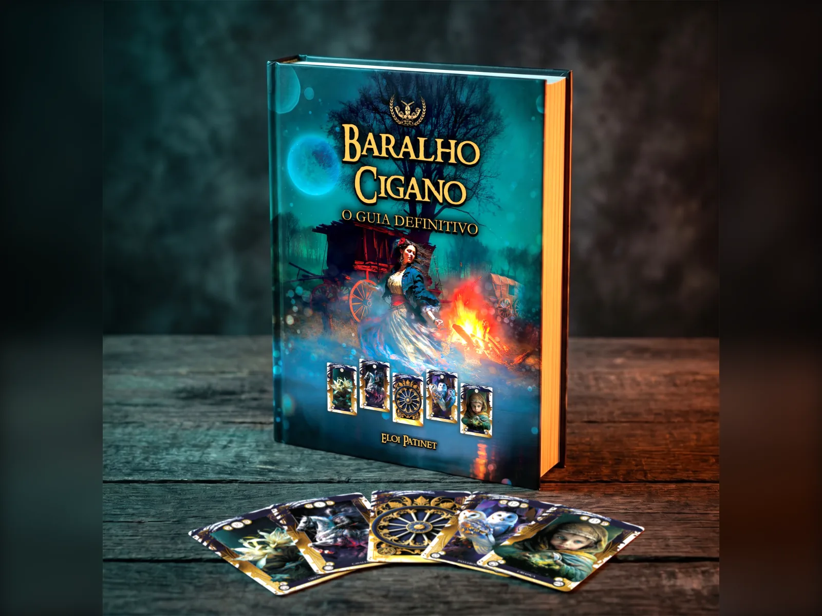 O livro Baralho Cigano: O Guia Definitivo em pé sobre a mesa, com cartas do baralho abertas à frente