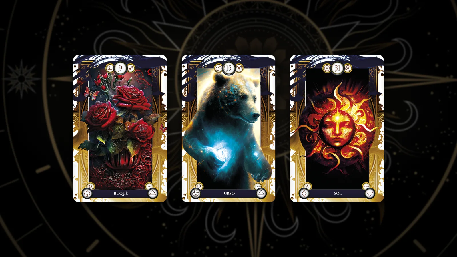 As cartas Buquê (9), Urso (15) e Sol (31) em linha