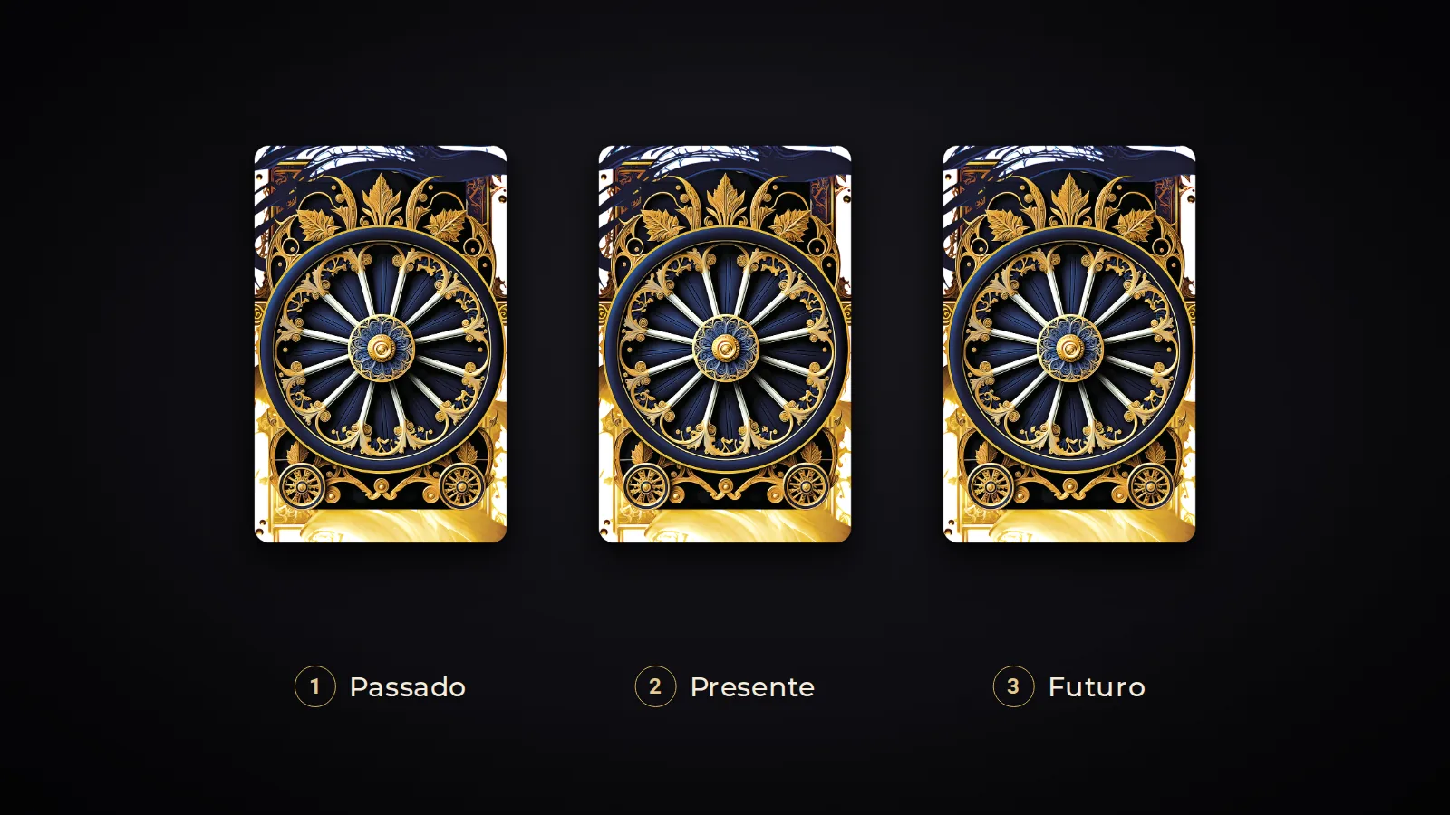 Jogada de três cartas com posições: 1 Passado, 2 Presente e 3 Futuro