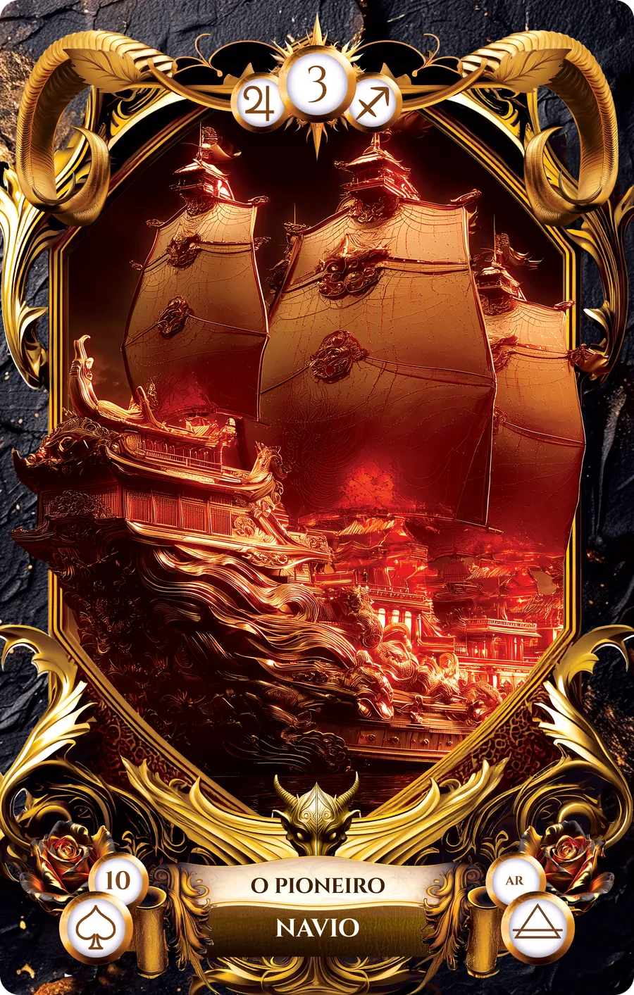 Carta 3 do Baralho de Lucifer: Navio, com o título O Pioneiro