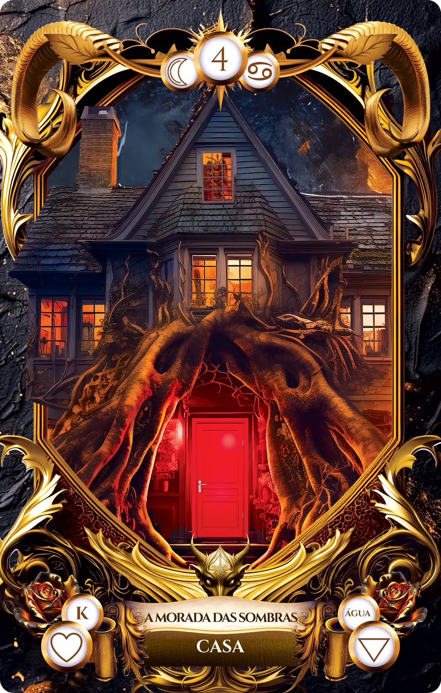 Carta 4 do Baralho de Lucifer: Casa, com o título A Morada das Sombras