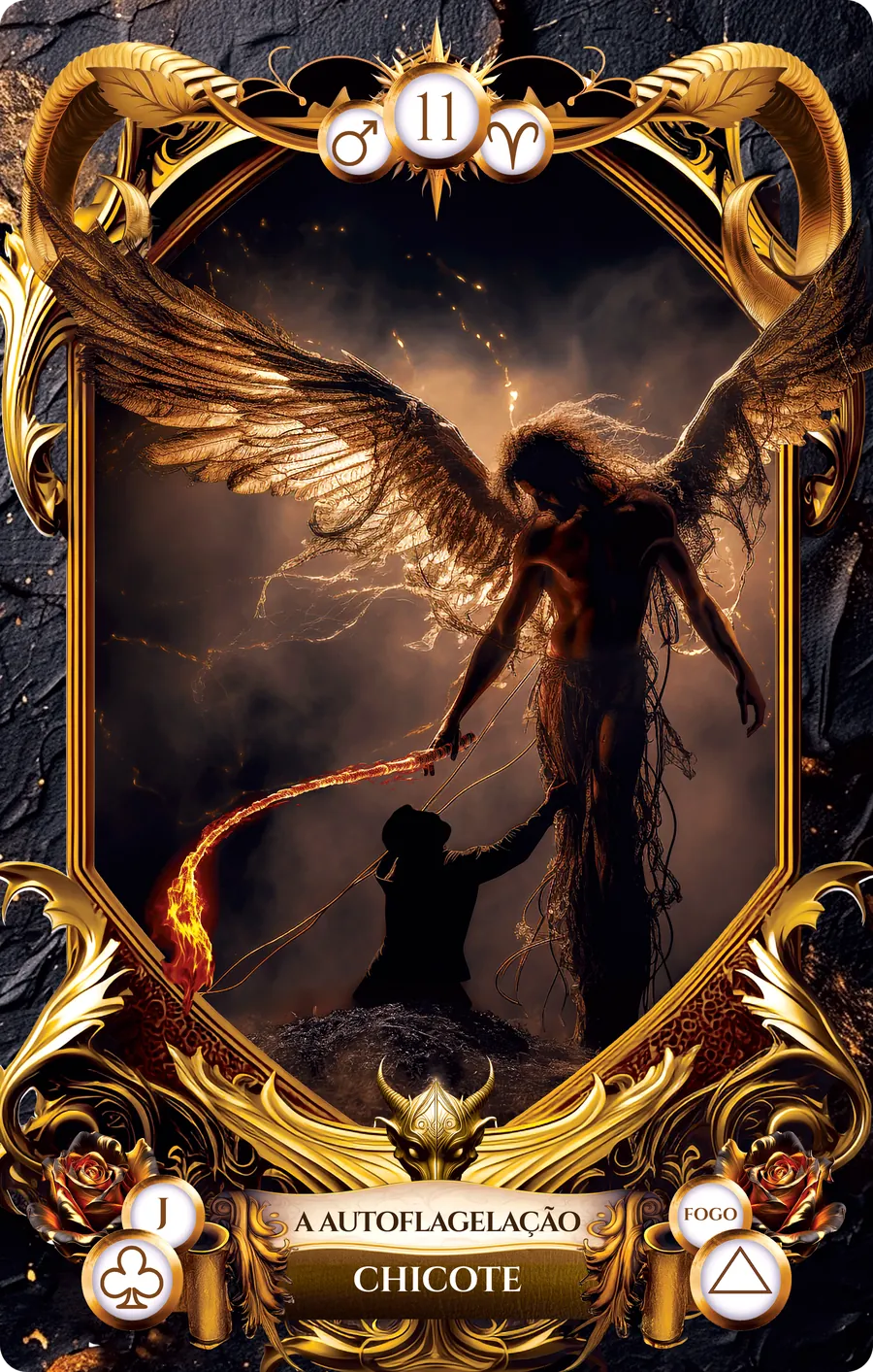 Carta 11 do Baralho de Lucifer: Chicote, com o título A Autoflagelação