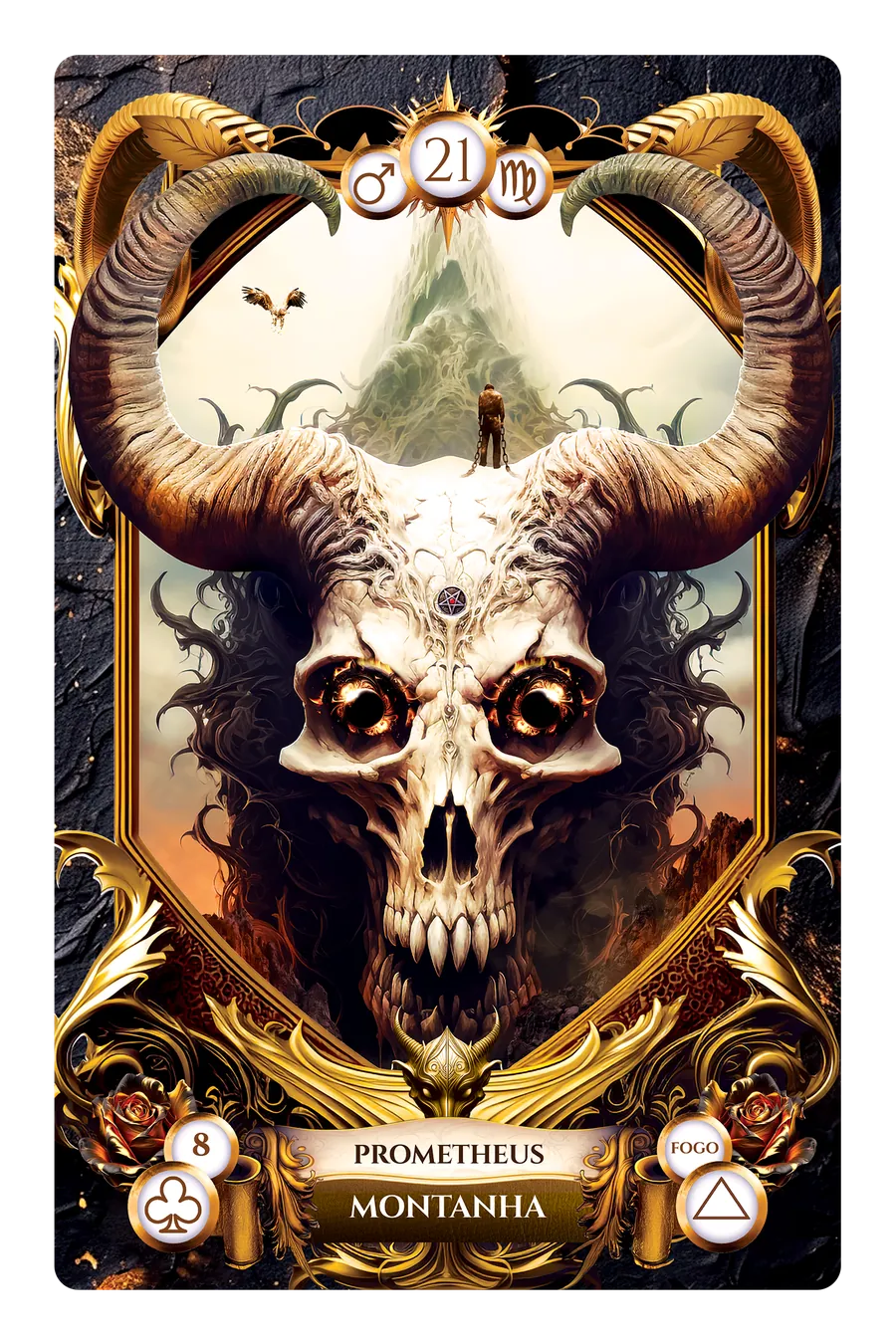 Carta 21 do Baralho de Lucifer: Montanha, com o título Prometheus