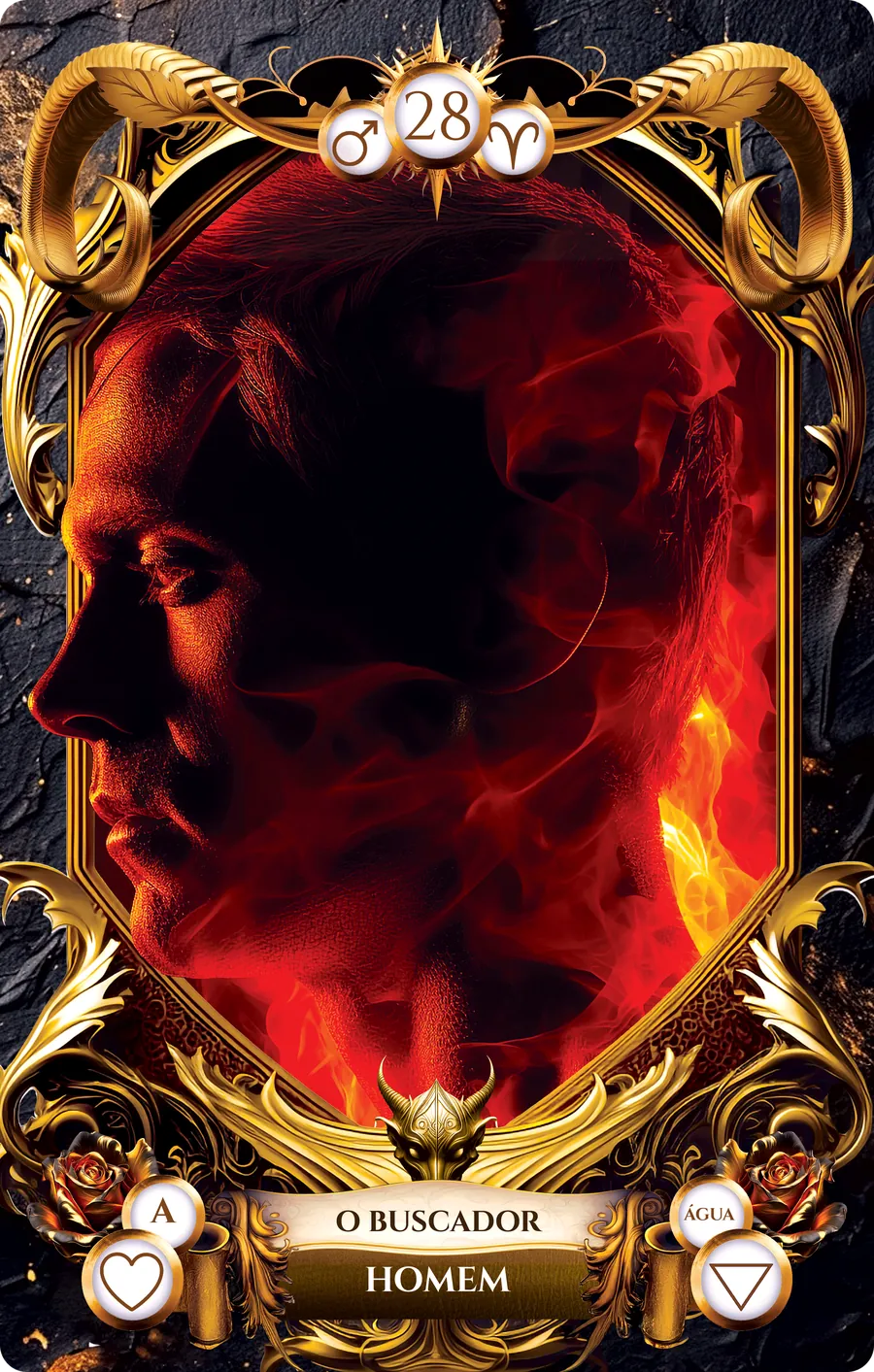 Carta 28 do Baralho de Lucifer: Homem, com o título O Buscador