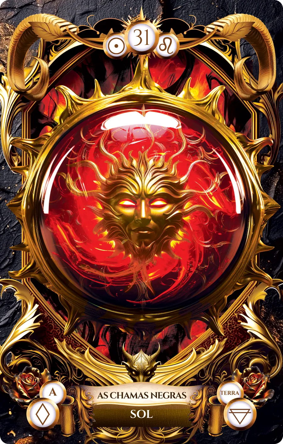 Carta 31 do Baralho de Lucifer: Sol, com o título As Chamas Negras