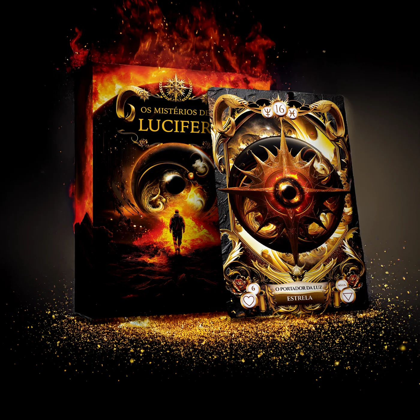 A caixa rígida do Baralho de Lucifer com uma carta ao lado
