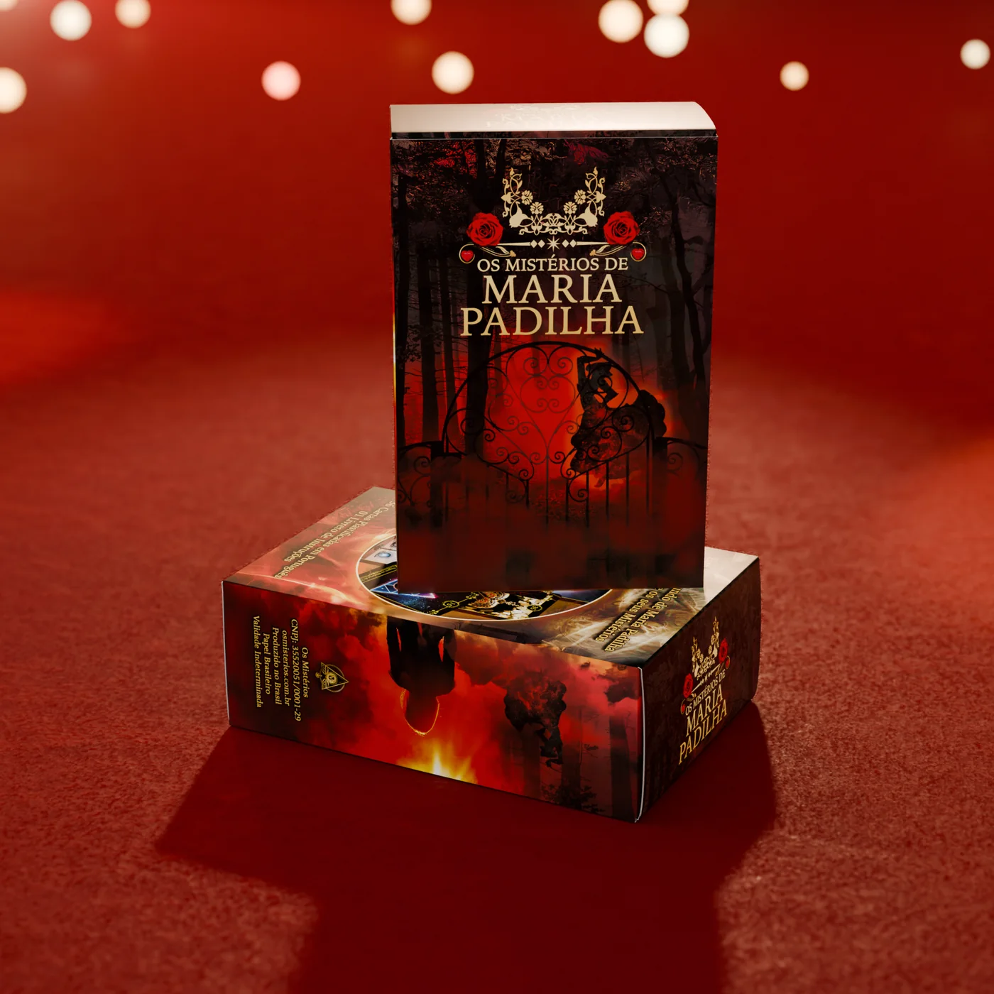 A caixa rígida de Os Mistérios de Maria Padilha sobre o veludo vermelho