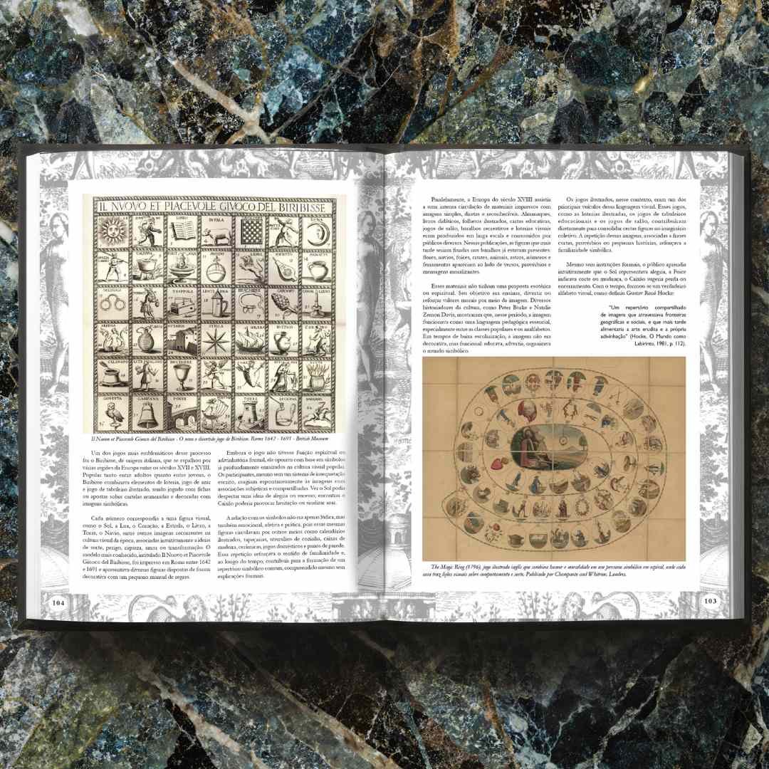 Livro aberto mostrando páginas internas, imagens históricas e conteúdo ilustrado